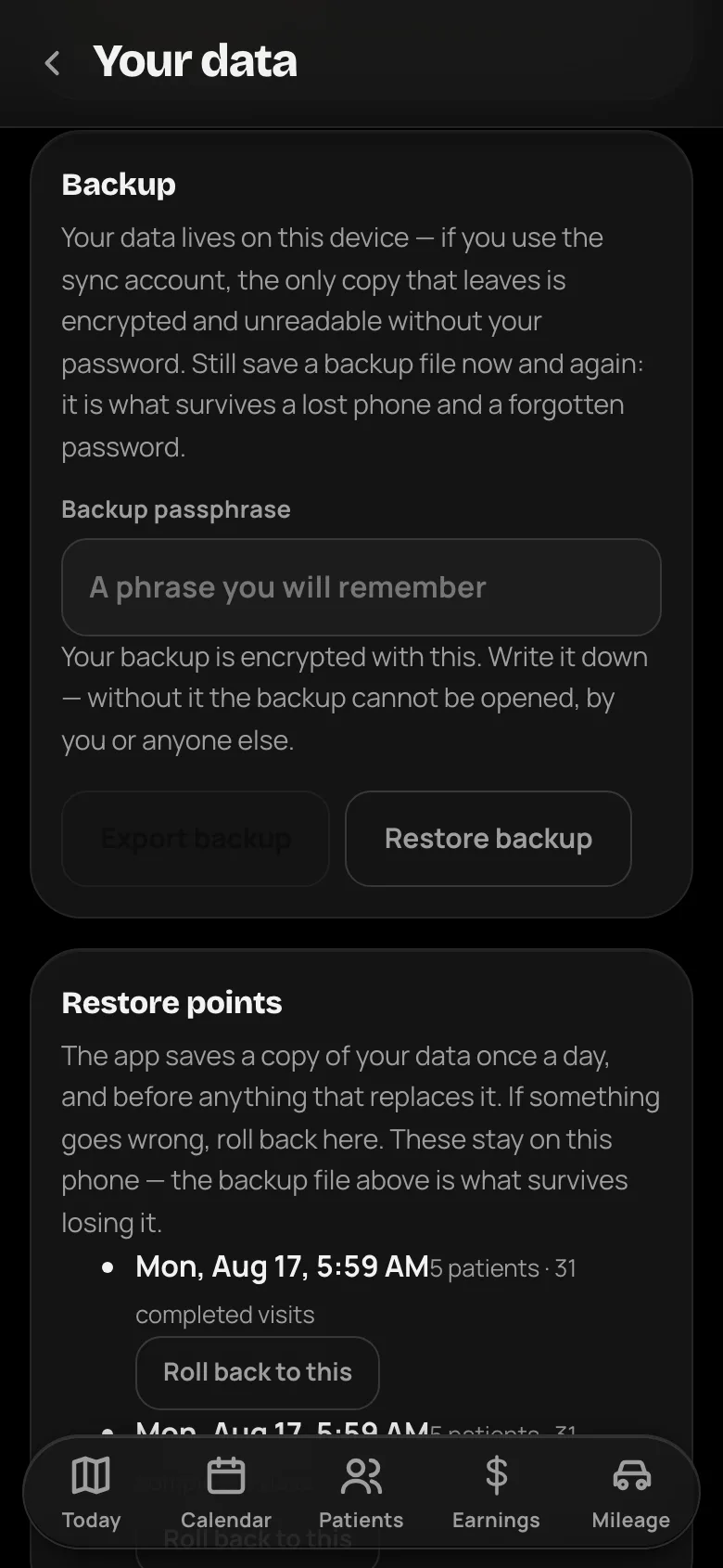VisitWell’s Your Data screen: where records live, encrypted backups, and on-device restore points