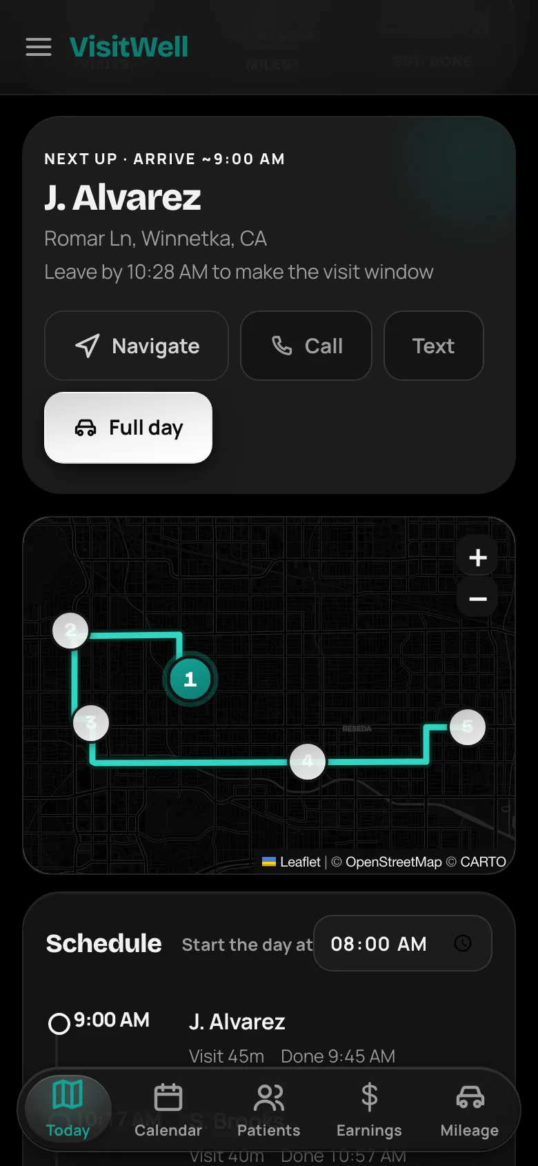 VisitWell’s next-up card with Navigate, Call and Text actions, above the day’s route map