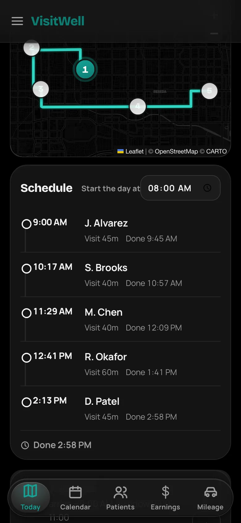 VisitWell’s Today screen: the day’s route drawn on a map with numbered stops and the schedule beneath it